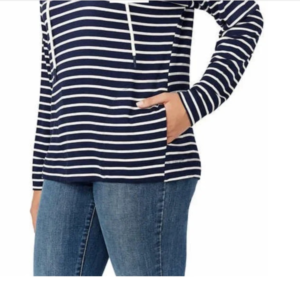 Navy + White stripe hoodie w/2 side pockets & drawstring hood - Picture 4 of 8